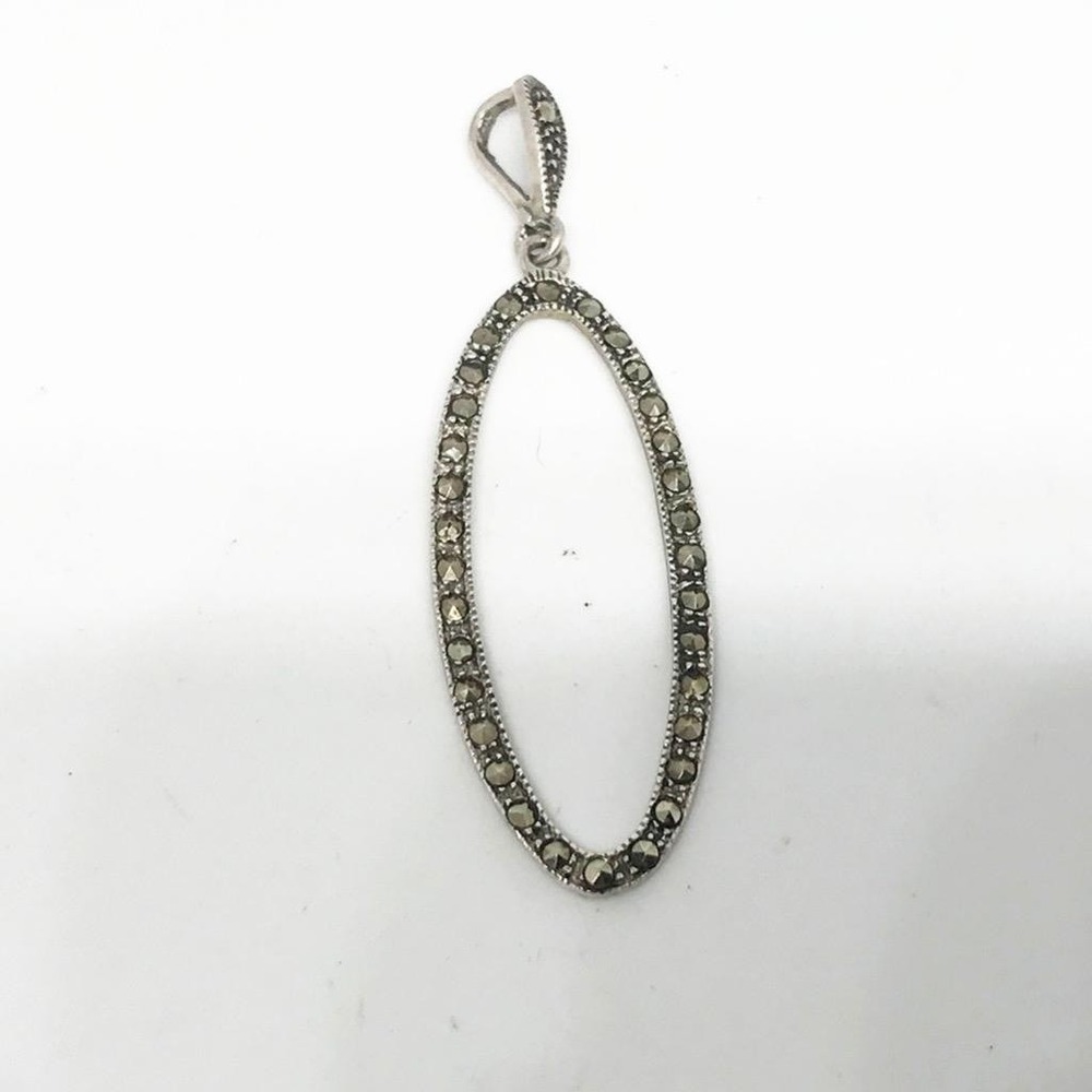 Sterling Silver 925 Marcasite Oval Pendant Vintage Style Elongated Drop